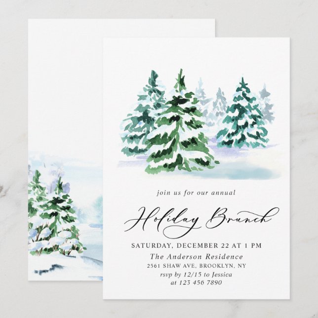 Watercolor Pine Tree Christmas Holiday Brunch Invitation (Front/Back)