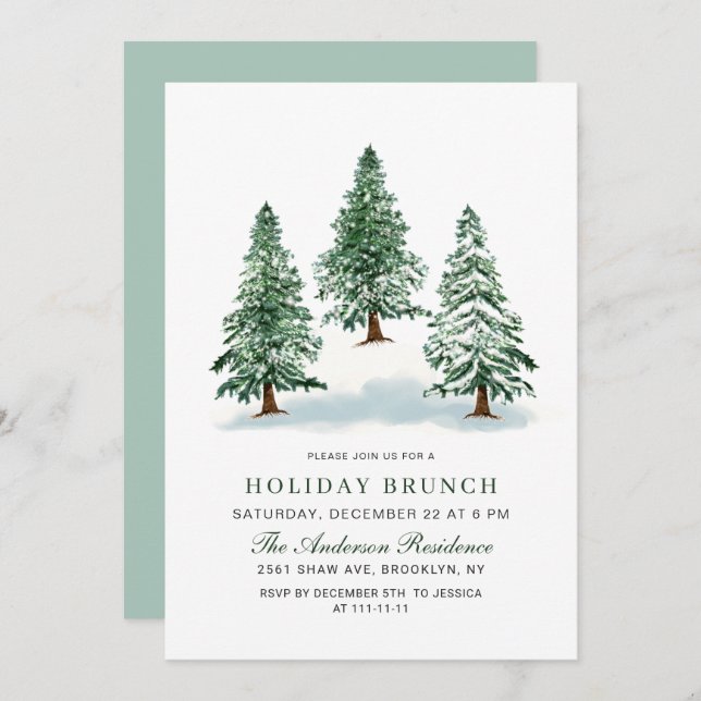 Watercolor Pine Tree Christmas Holiday Brunch Invitation (Front/Back)