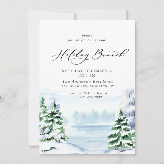 Watercolor Pine Tree Christmas Holiday Brunch Invitation (Front)