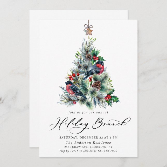 Watercolor Pine Tree Christmas Holiday Brunch Invitation (Front/Back)