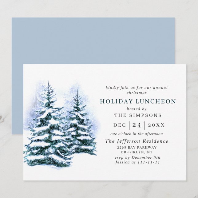 Watercolor Pine Tree Christmas Holiday Luncheon Invitation (Front/Back)