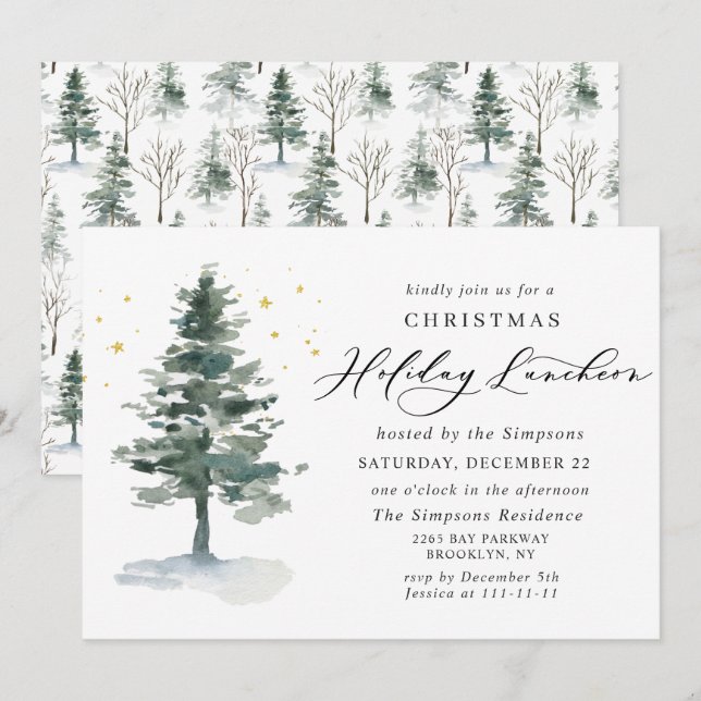 Watercolor Pine Tree Christmas Holiday Luncheon Invitation (Front/Back)