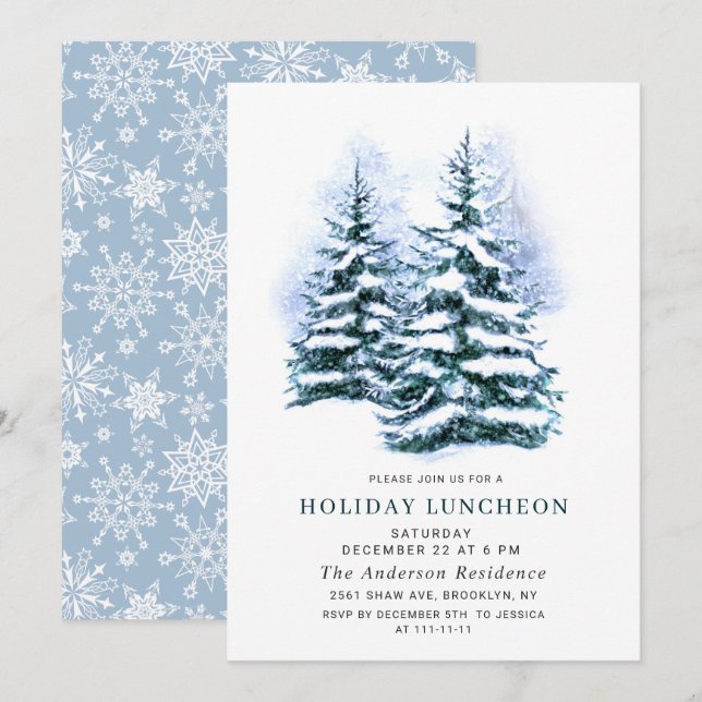 Watercolor Pine Tree Christmas Holiday Luncheon Invitation (Front/Back)