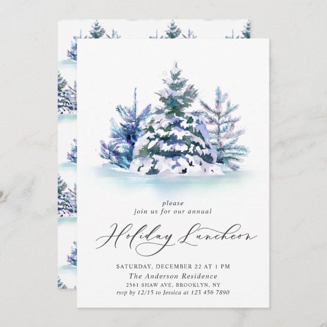 Watercolor Pine Tree Christmas Holiday Luncheon Invitation (Front/Back)