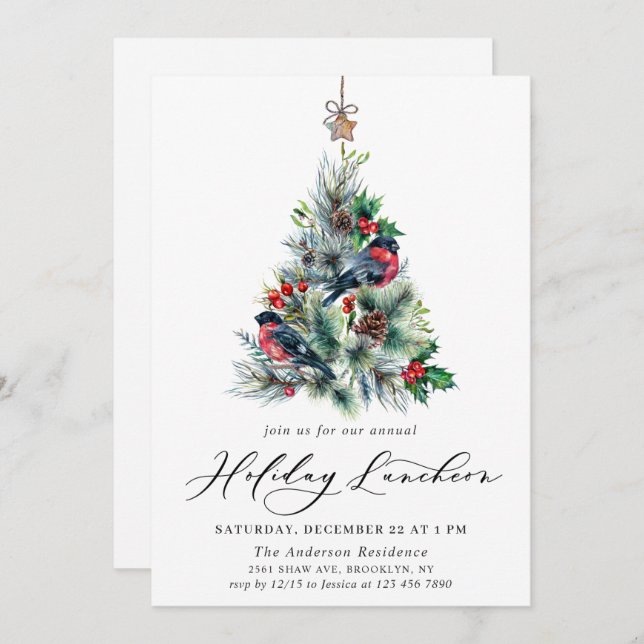 Watercolor Pine Tree Christmas Holiday Luncheon Invitation (Front/Back)
