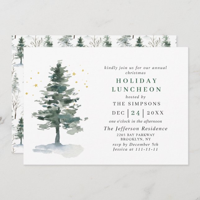 Watercolor Pine Tree Christmas Holiday Luncheon Invitation (Front/Back)