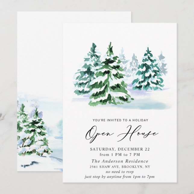 Watercolor Pine Tree Christmas Holiday Open House Invitation (Front/Back)