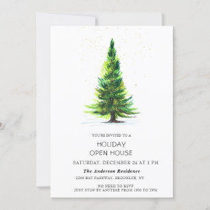 Watercolor Pine Tree Christmas Holiday Open House Invitation