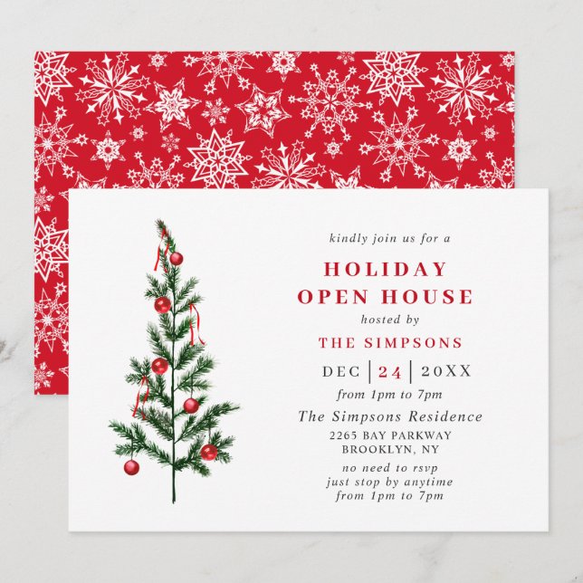 Watercolor Pine Tree Christmas Holiday Open House Invitation (Front/Back)