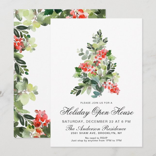 Watercolor Pine Tree CHRISTMAS HOLIDAY OPEN HOUSE  Invitation (Front/Back)