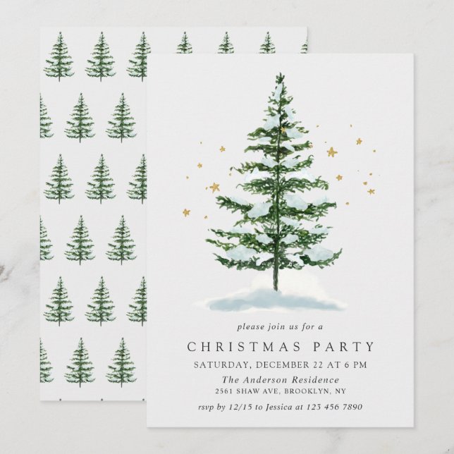 Watercolor Pine Tree Christmas Holiday Party Invitation (Front/Back)