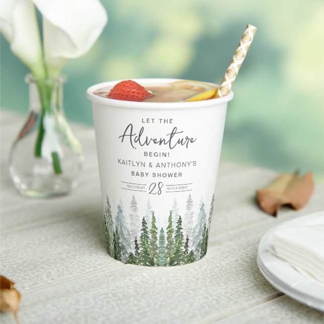 Watercolor Pine Tree Forest Baby Shower Paper Cups (Insitu)