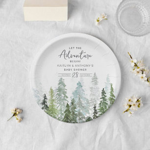 Watercolor Pine Tree Forest Baby Shower Paper Plate
