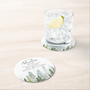 Watercolor Pine Tree Forest Baby Shower Round Paper Coaster
