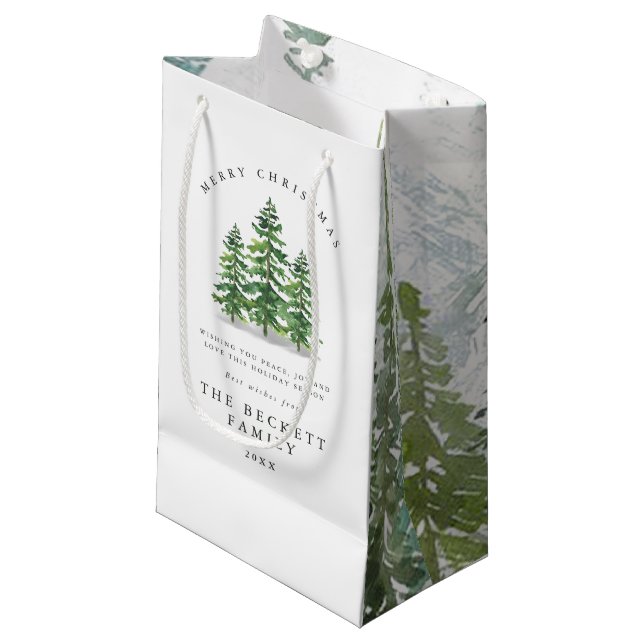 Watercolor Pine Tree Forest Christmas Small Gift Bag (Front Angled)