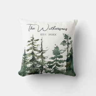 Watercolor Pine Tree Forest & Custom Family Name Cushion