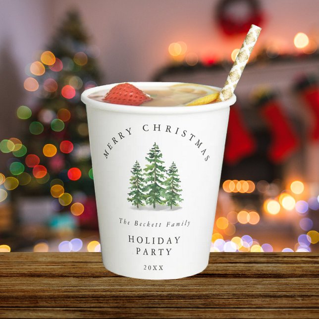 Watercolor Pine Tree Forest Holiday Party Paper Cups (Creator Uploaded)