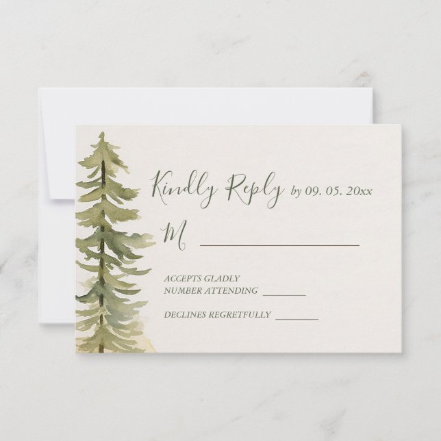 Watercolor Pine Tree Forest Mountain Wedding RSVP Card (Front)