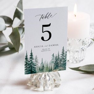 Watercolor pine tree forest mountain wedding  table number