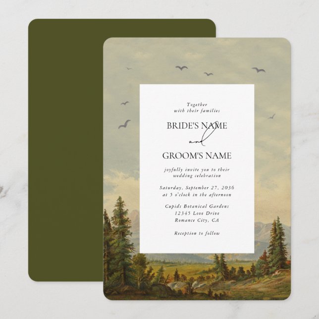 Watercolor Pine Tree Forest Mountains Wedding Invitation (Front/Back)