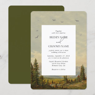 Watercolor Pine Tree Forest Mountains Wedding Invitation