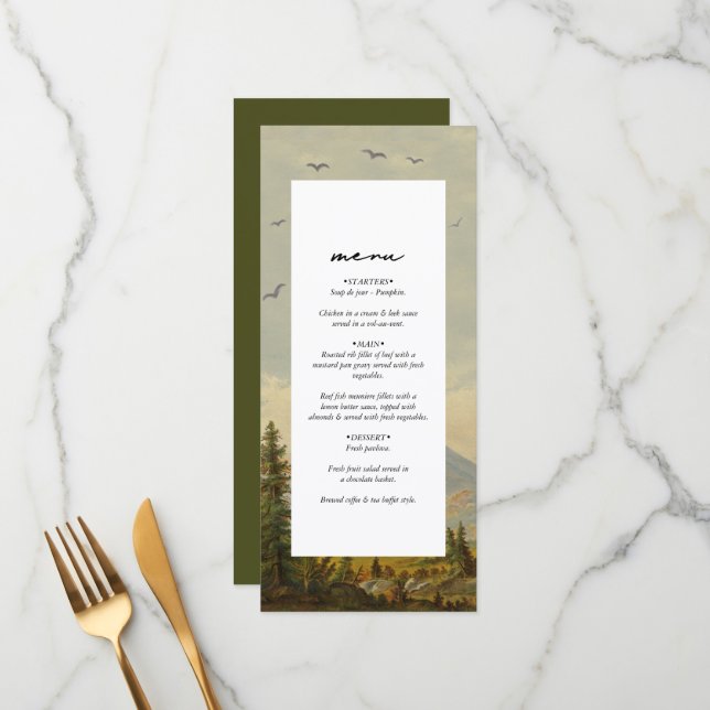 Watercolor Pine Tree Forest Mountains Wedding Menu (Front/Back In Situ)
