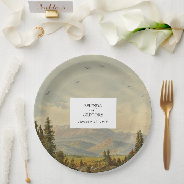 Watercolor Pine Tree Forest Mountains Wedding Paper Plate (Wedding)