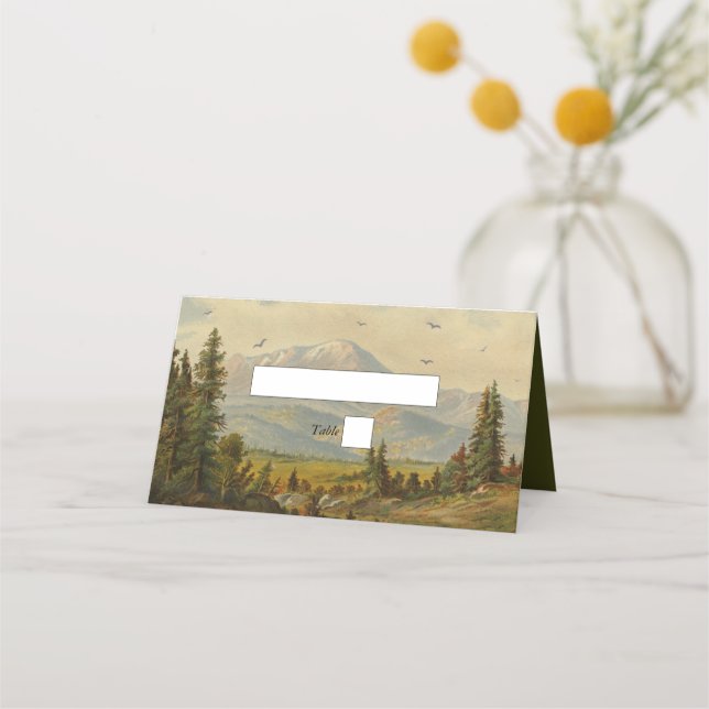 Watercolor Pine Tree Forest Mountains Wedding Place Card (Front)