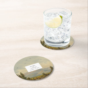 Watercolor Pine Tree Forest Mountains Wedding Round Paper Coaster