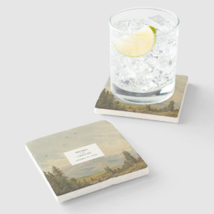 Watercolor Pine Tree Forest Mountains Wedding Stone Coaster