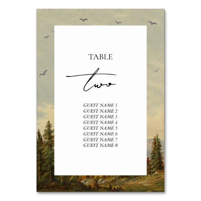Watercolor Pine Tree Forest Mountains Wedding Table Number (Front)