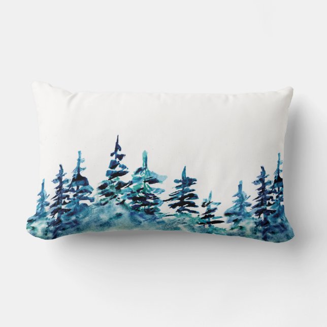 Watercolor Pine Tree Forest Nature Lumbar Pillow (Front)