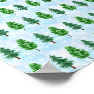 Watercolor Pine Tree Forest Painting Snowing Poster