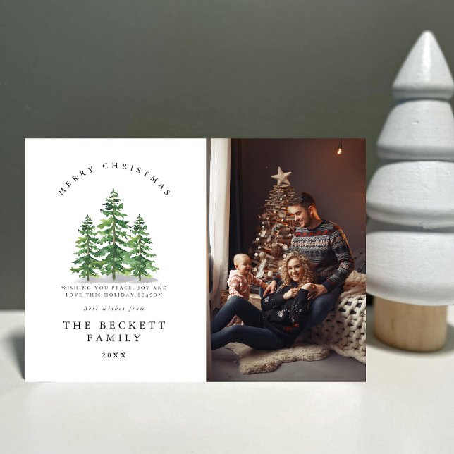 Watercolor Pine Tree Forest Photo Holiday Card (Creator Uploaded)