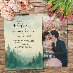 Watercolor pine tree forest photo wedding invitation