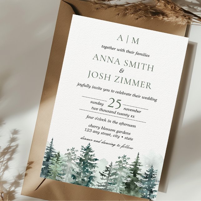 Watercolor Pine Tree Forest Rustic Wedding Invitation (Pine Tree Forest Wedding Invitation Outdoor Mountain Lakeside Nature Cosy Rustic Green Unique)