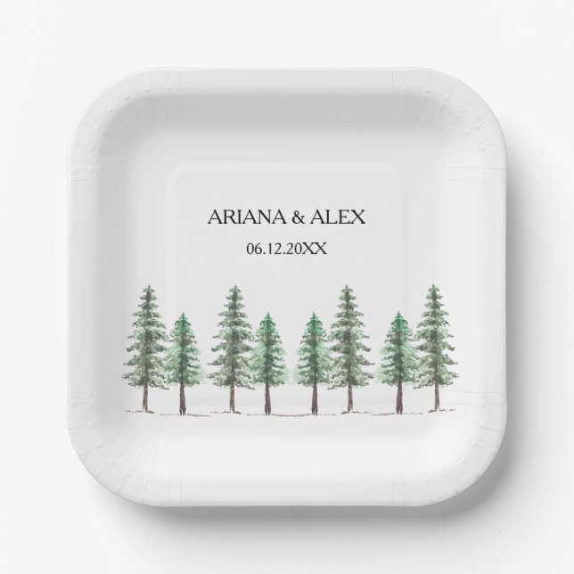 Watercolor Pine Tree Forest wedding Paper Plate (Front)