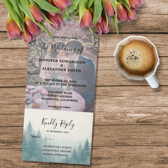 Watercolor pine tree forest wedding photo all in one invitation (Watercolor pine tree forest wedding photo all in one invitation.)