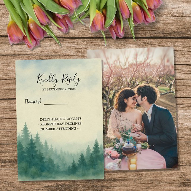 Watercolor pine tree forest wedding photo RSVP Invitation (Watercolor pine tree forest wedding photo RSVP Invitation.)