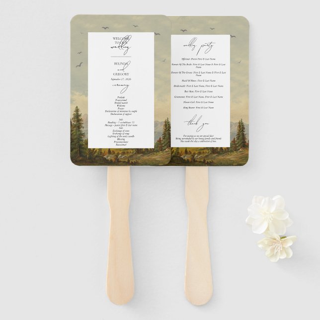 Watercolor Pine Tree Forest Wedding Program Hand Fan (Front and Back)