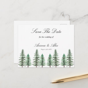Watercolor Pine Tree Forest wedding Save The Date Postcard