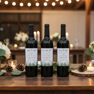 Watercolor Pine Tree Forest Wedding Save The Date  Wine Label