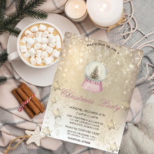 Watercolor Pine Tree Globe Snowflakes Gold  Invitation