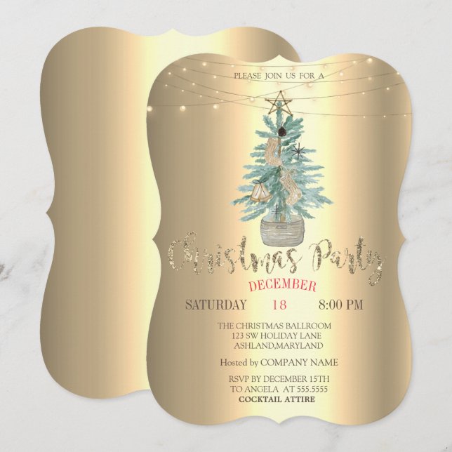 Watercolor Pine Tree, Gold Christmas Company Party Invitation (Front/Back)