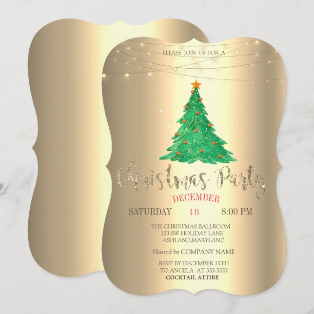 Watercolor Pine Tree, Gold Christmas Party  Invitation (Front/Back)