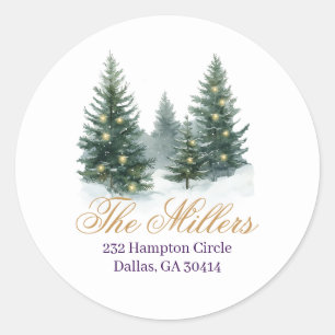 Watercolor Pine Tree Gold Stars Return Address  Classic Round Sticker