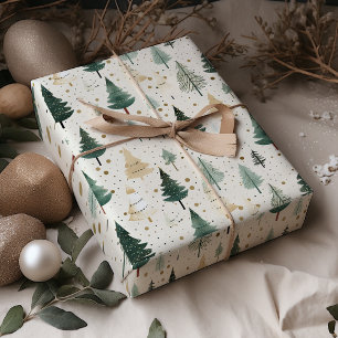 Watercolor Pine Tree Green Gold Christmas  Wrapping Paper Sheet