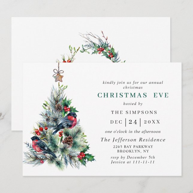 Watercolor Pine Tree Holiday CHRISTMAS EVE Invitation (Front/Back)