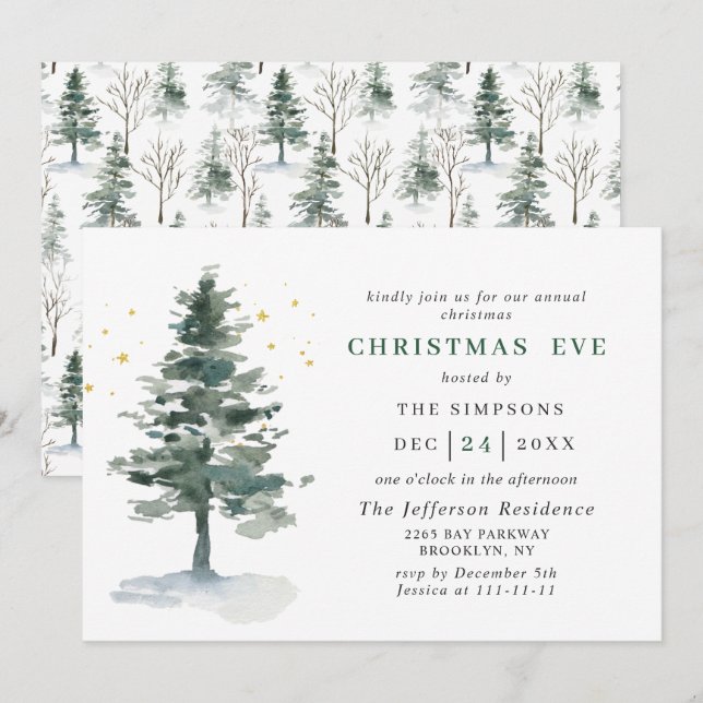 Watercolor Pine Tree Holiday CHRISTMAS EVE Invitation (Front/Back)