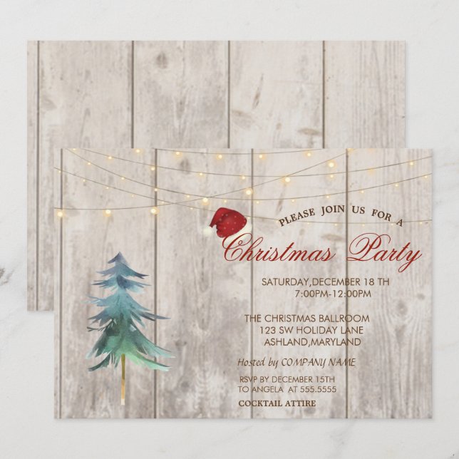 Watercolor Pine Tree,Lights Wood Christmas Party Invitation (Front/Back)